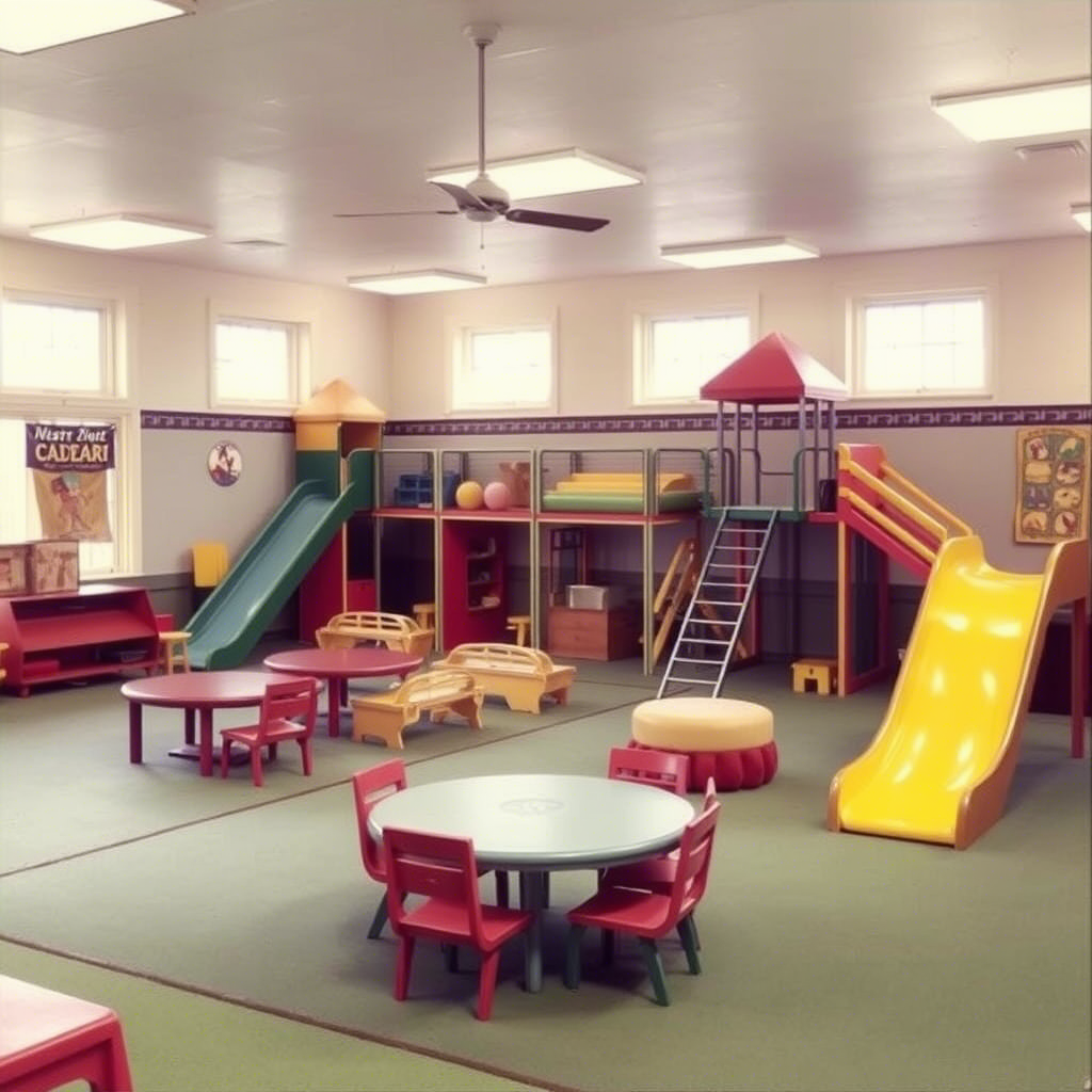 Vintage 1970s indoor play center with soft play areas and slides